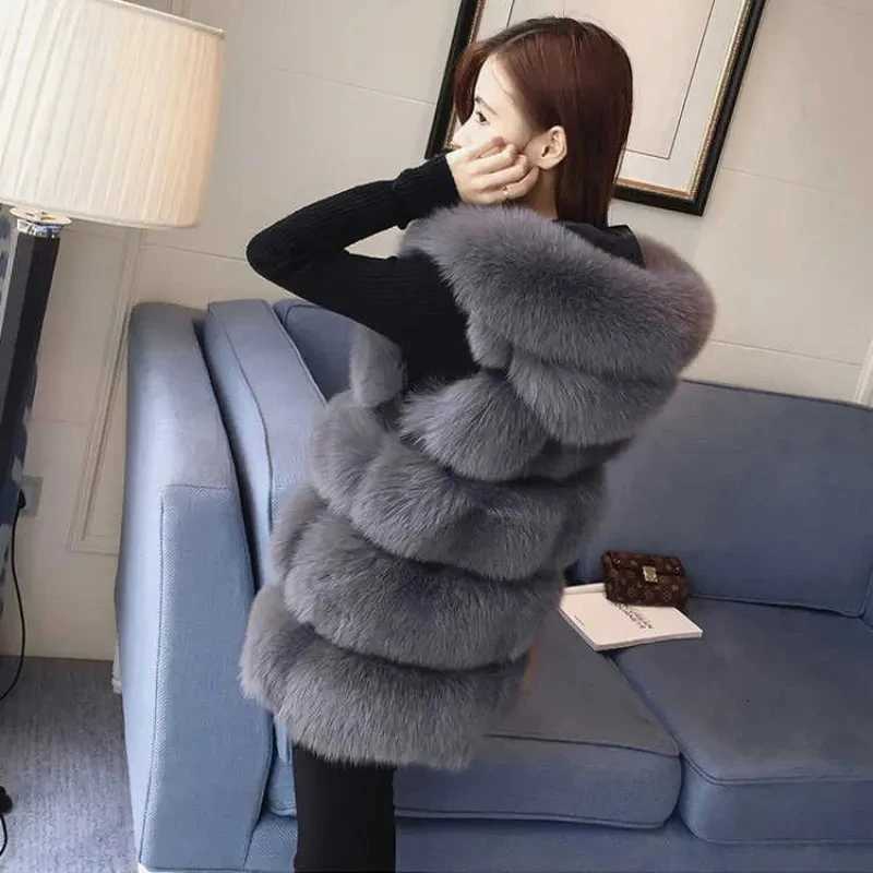 New Hooded Autumn And Winter Mid Length Casual Womens Faux Fur Vest Jacket Comfortable Loose Warm Female Tank Top CoatT251128