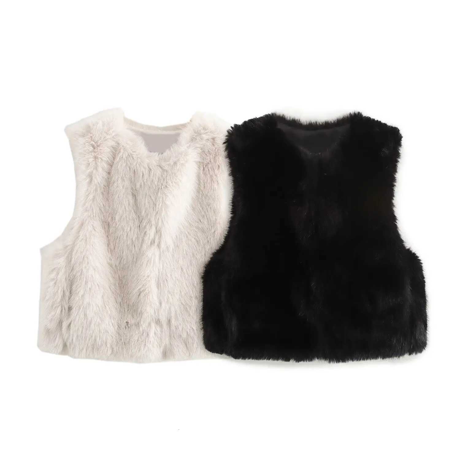 2025 New Womens Clothing European and American Style Fashion Sleeveless Round Neck Faux Fur Effect Short VestT251128