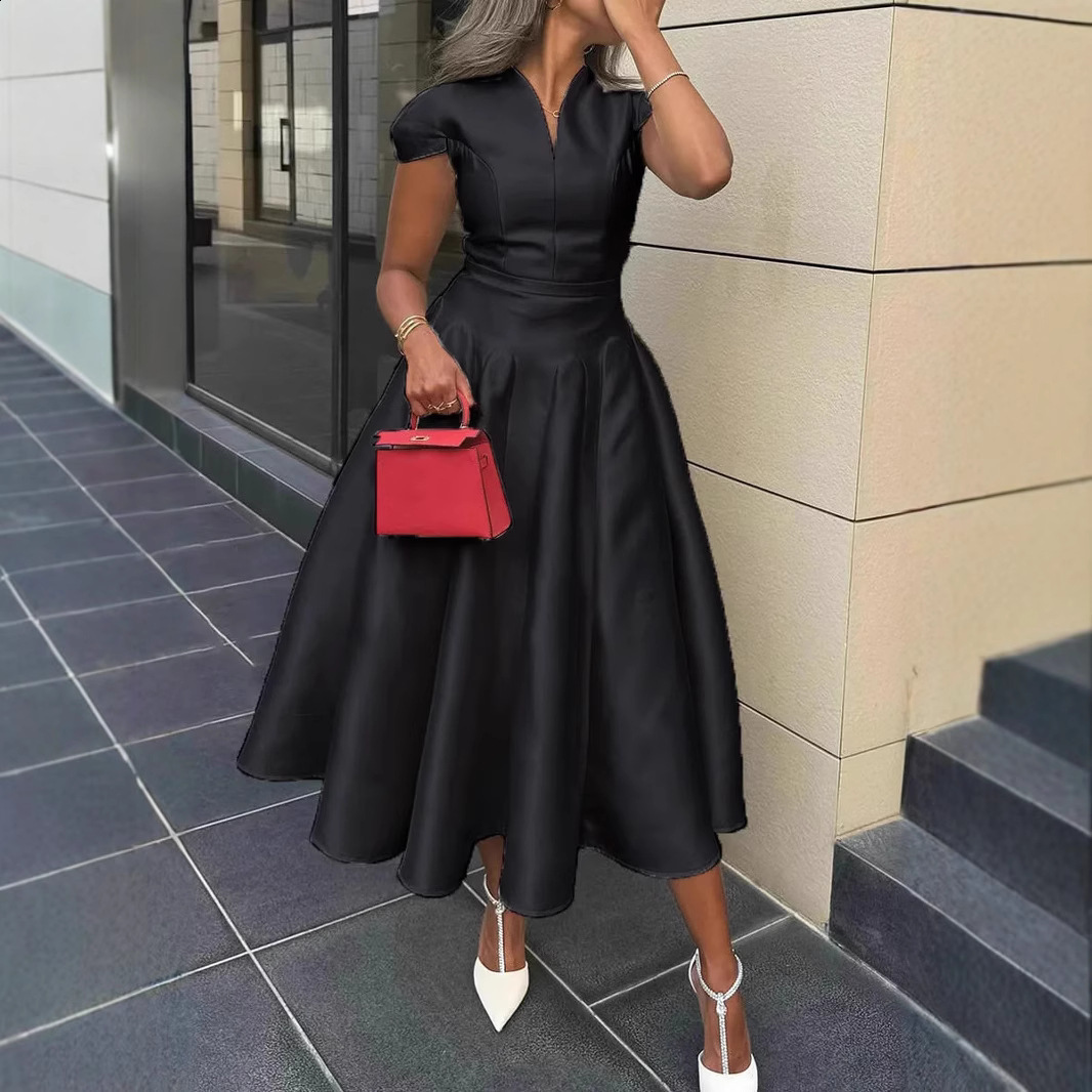 2025V collar and waist hem dress French style dress long skirt for women 240627