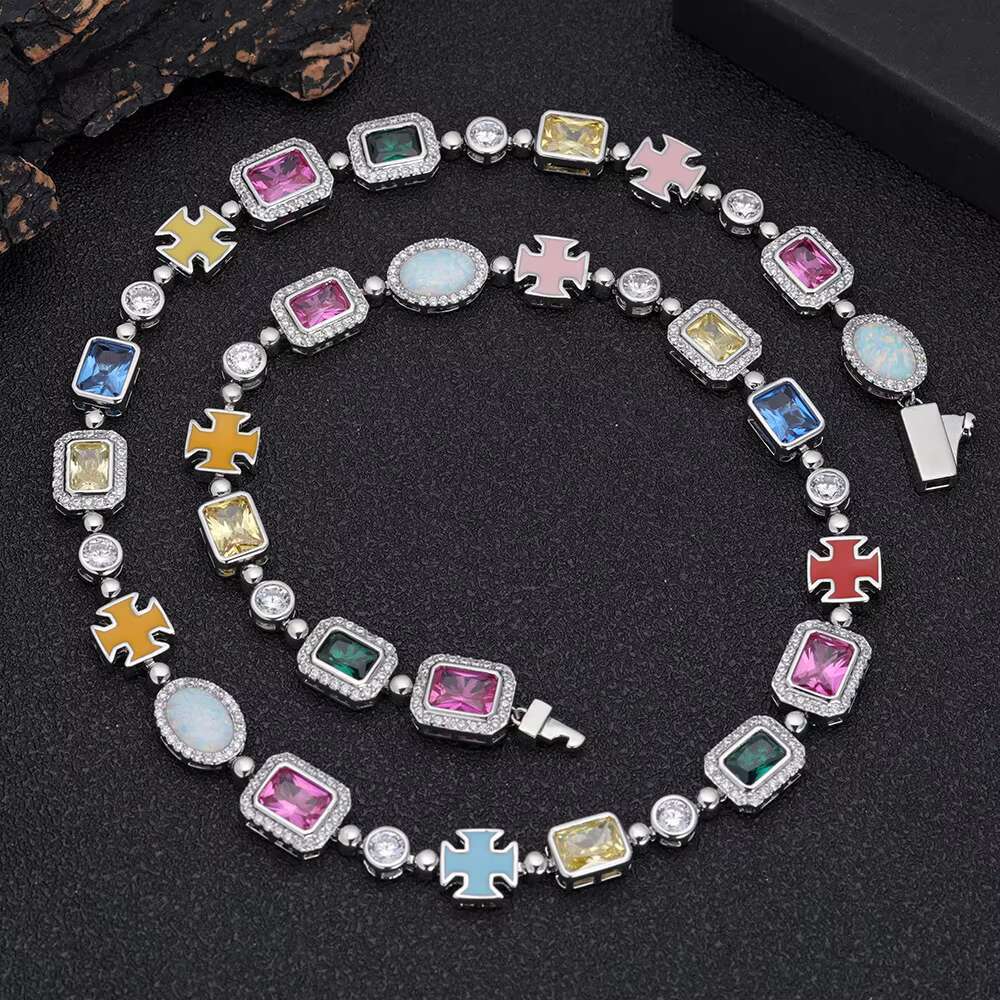 Nuoya 10mm Custom Multi Color Enamel Bling Moissanite Stone Chain Silver Geometric Gemstone Motif Iced Out Chain Necklace