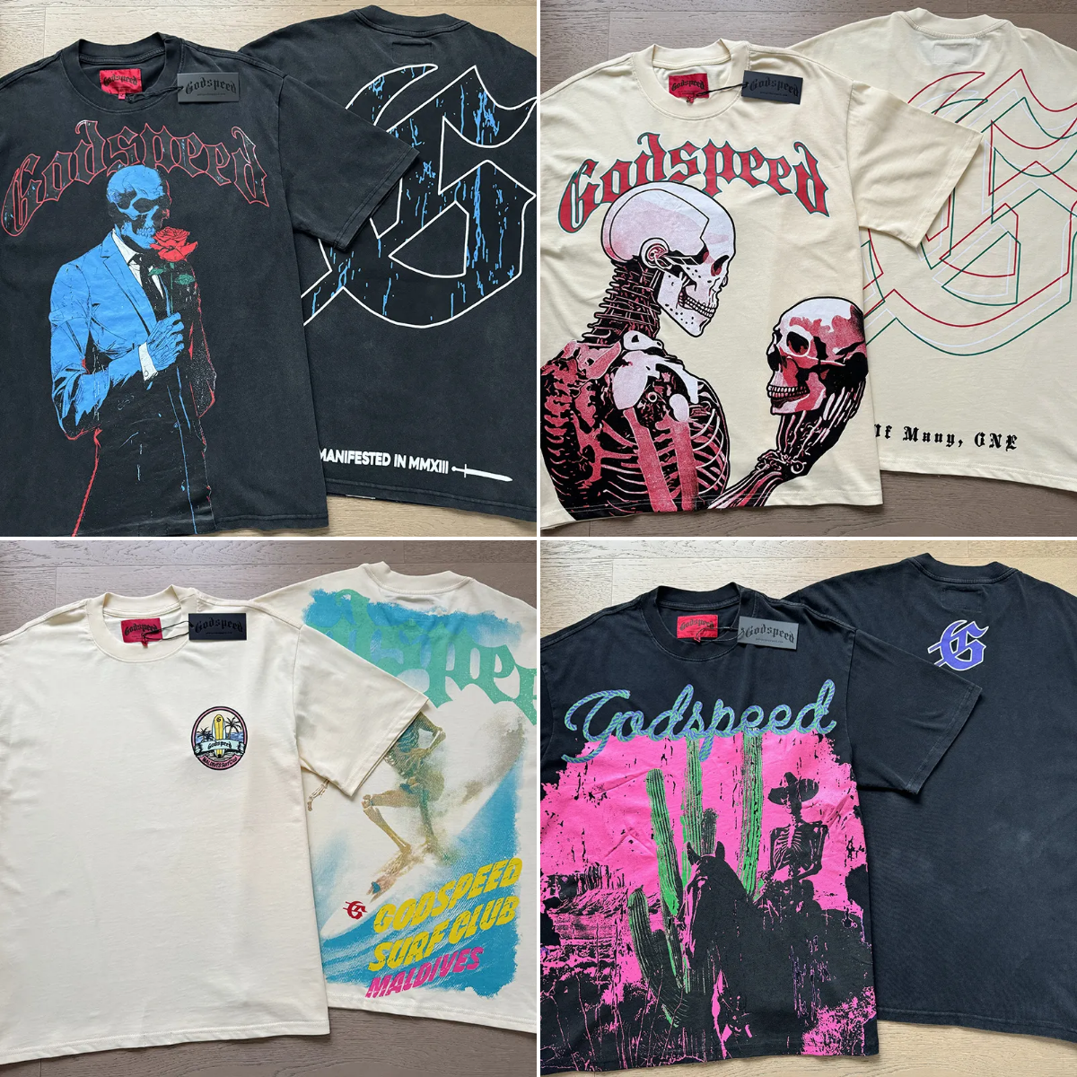 Letter Skull Flowers Print Godspeed T-Shirts American Streetwear Fashion Hip Hop Vintage Men Women Couple Short Sleeve Tops