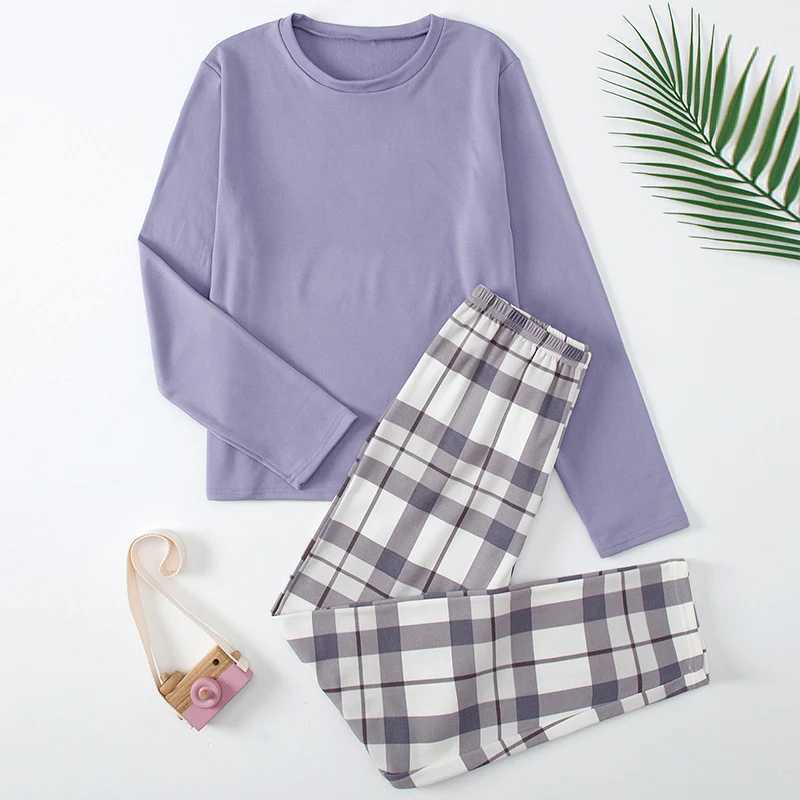 14 Teen Solid Color T-shirt Plaid Trousers Home Service Girl Round Neck Pajamas Junior High School Boy Leisure Suit Spring And H260403