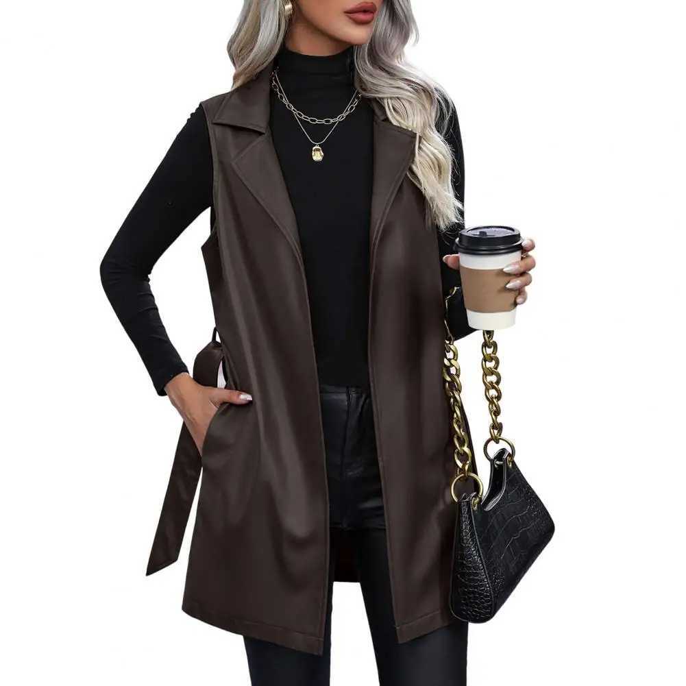 Women Jackets Vests Sleeveless Cardigan Coat with Belt Lace-up Waist Faux Leather Mid Length Cardigan Lady WaistcoatT251128