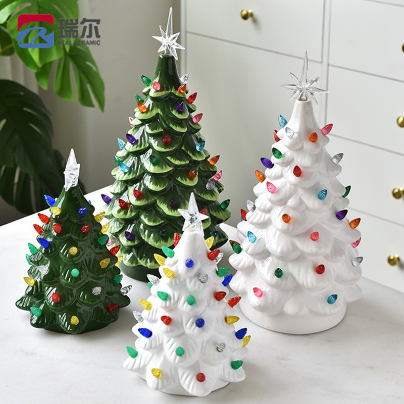 Battery-Powered Glowing Ceramic Christmas Tree White Color Light Day Ornament Hand-Painted Decoration 220921