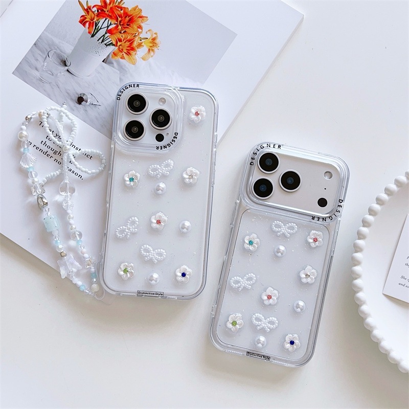 Epoxy Bowknot Pearl Small Flower Phone Case iPhone 17 Pro Max Compatible with Apple 16 /15 Pro Transparent Protective Case