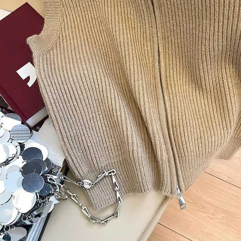 Retro Ladies Short Knit Vest Jacket Female Stand Collar Waistcoat Coat Spring Autumn Women Zipper Sweater Sleeveless TopsT251128