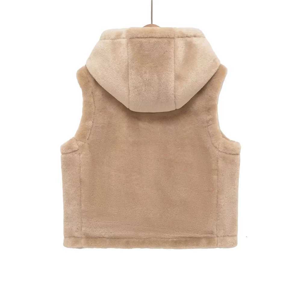 Autumn and winter new womens casual pocket hooded sleeveless rope buckle decoration fleece vest jacketT251128