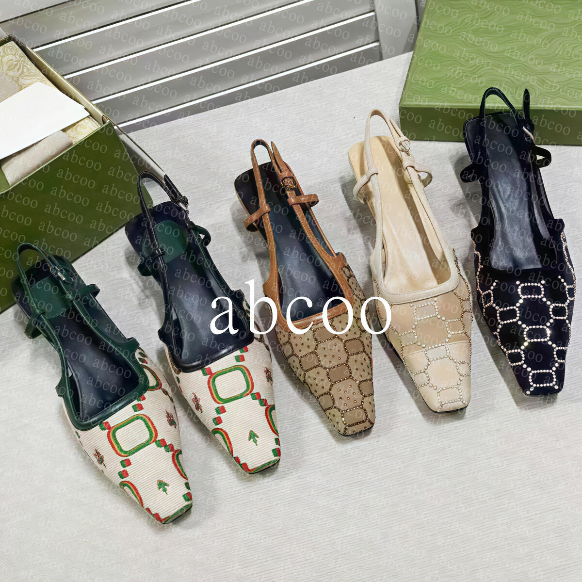 Dress Shoes Slingback high heels Designer Sandals Lace up shallow cut Mi Black mesh with crystals sparkling Print shoes Rubber Leather square toe Women Slippers