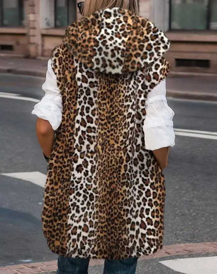 Womens Vest 2025 Autumn Winter Latest Reversible Leopard Pattern Fleece Jacket Zip Up Hoodie Pockets Long Warm Winter CoatT251128