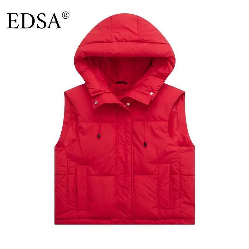 EDSA Women Hooded Waistcoat Padded Vest Jacket with Drawstrings Side Zip Warm Autumn Winter OuterwearT251128