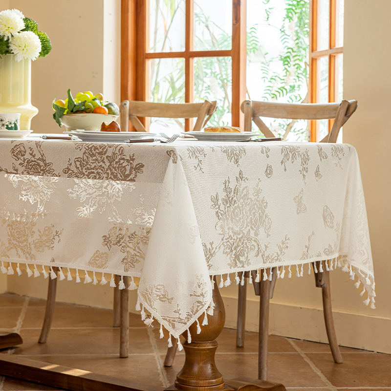 T0435 French light luxury tassel jacquard tablecloth polyester hollow restaurant dustproof tablecloth rectangular mesh cover cloth wholesale