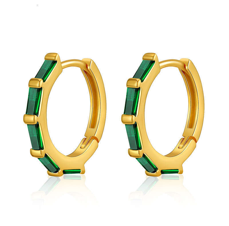 Cross-Border Hot Selling Emerald Zircon Small Hoop Earrings Copper Plated 18K Real Gold Vintage Style No Need to Remove While Sleeping