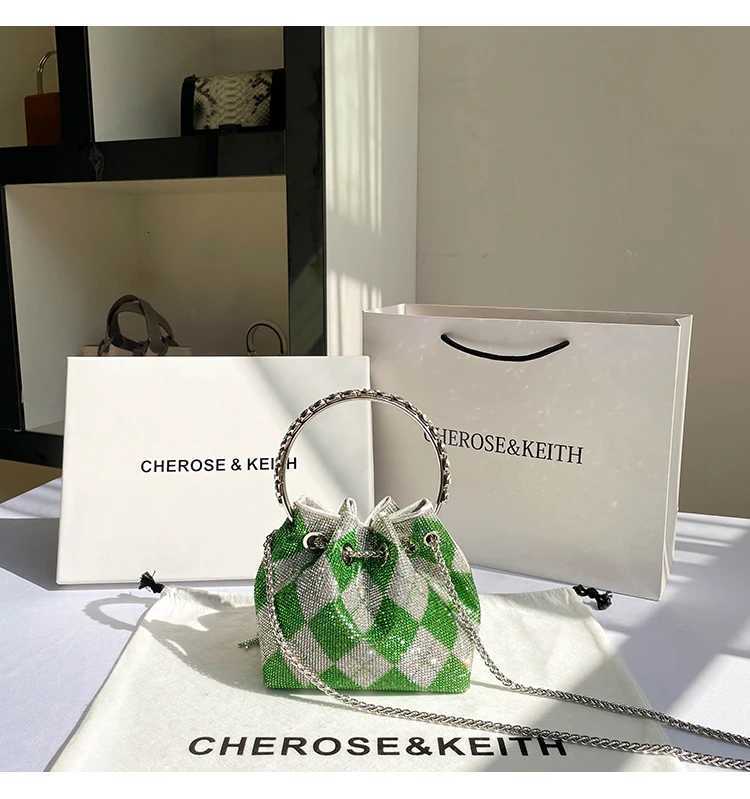 Luxury Designer Green Plaid Rhinestones Diamond Evening Clutch Bag Wedding Party Bucket Purse Womens Handbag Crossbody Bag K251128