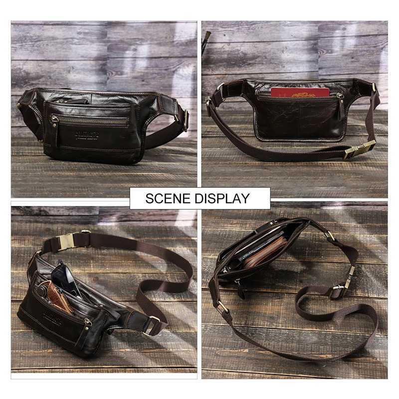 CONTACTS Genuine Leather Men Waist Pack Casual Male Fanny Pack Waist Bag Banana Pouch Cell Phone Travel Crossbody Chest BagsT251128
