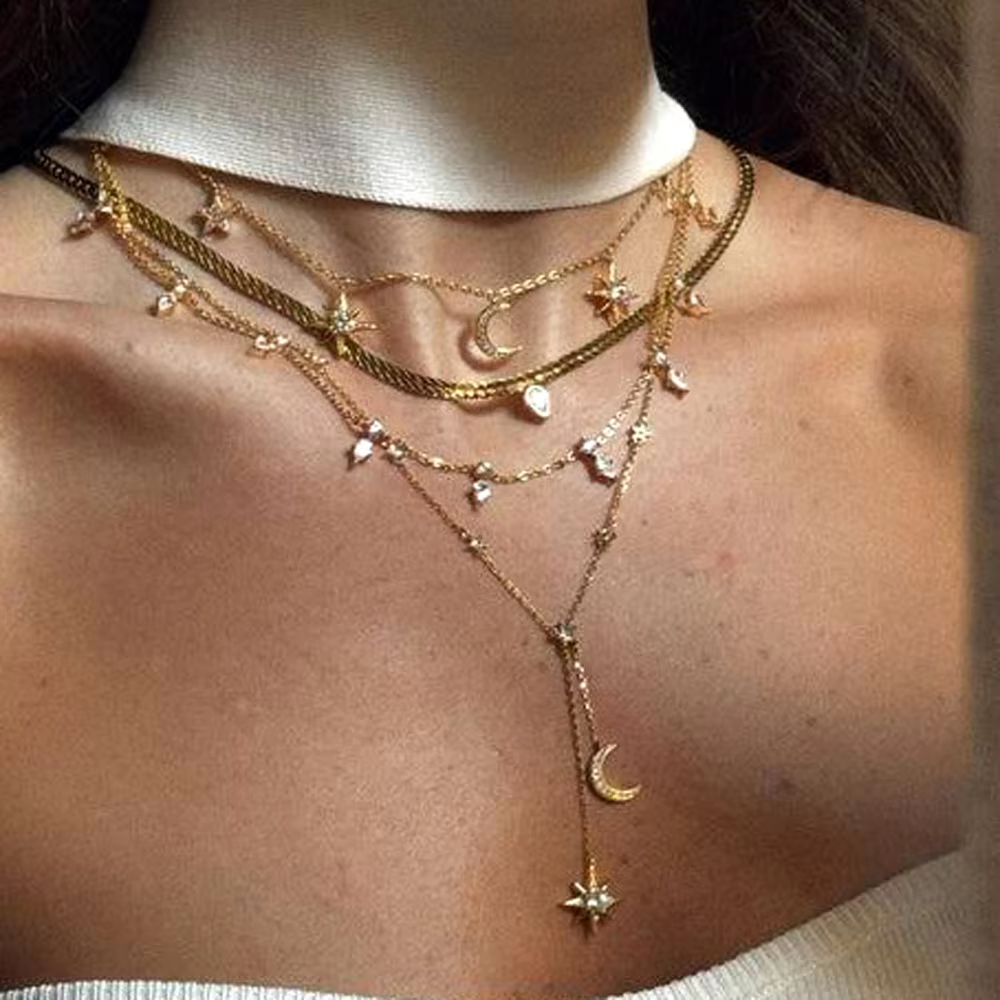 2025 New Moon Star cz station jewelry chain elegant women stunning lovely necklace fashion Modern faced stone Chic necklaces