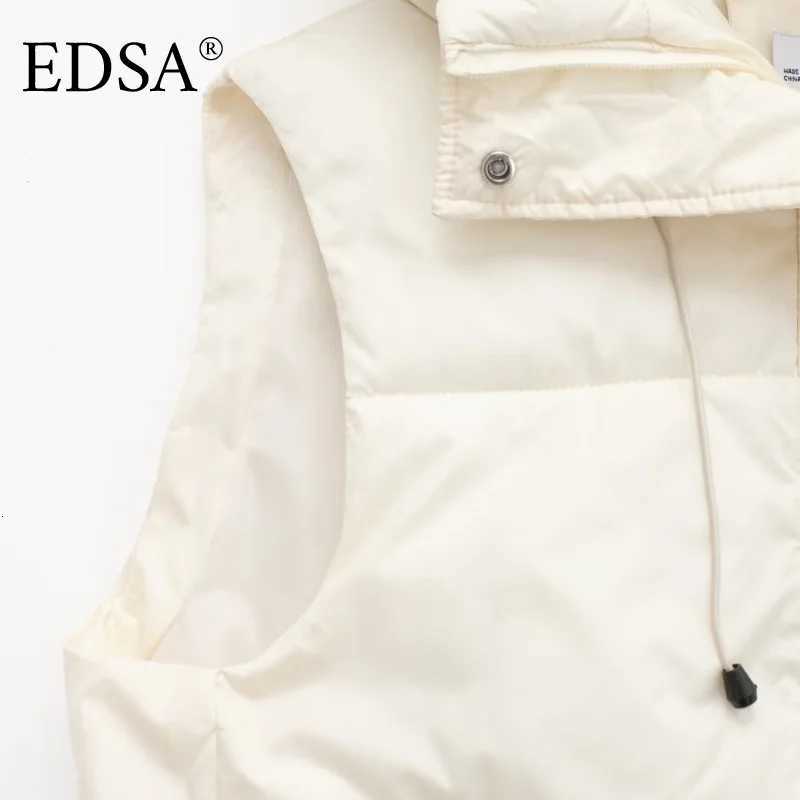 EDSA Women Hooded Waistcoat Padded Vest Jacket with Drawstrings Side Zip Warm Autumn Winter OuterwearT251128