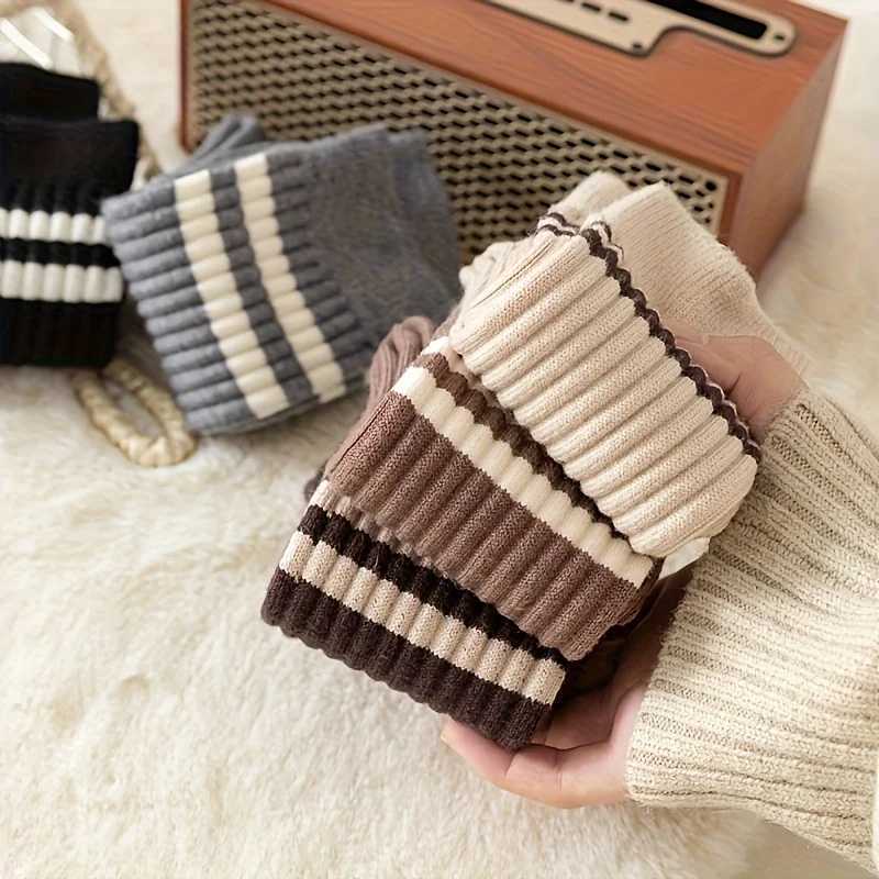 5 Pairs of Brown Two-Bar Mid-Calf Socks Autumn And Winter Korean Style Fashionable All-Match WomenS Socks J251128