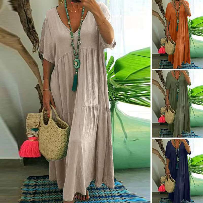 DHEssentials Women's Cotton And Linen Loose Long Maxi Summer V-neck Short Sleeved Solid Oversized Dress With Size S-5XL