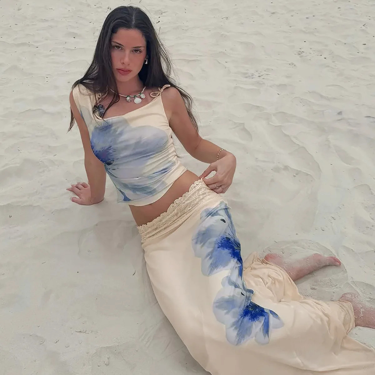 Summer floral print tight fitting 2-piece set for womens single shoulder crop topstretch long sleeved set for womens vacation trend beach set 250423