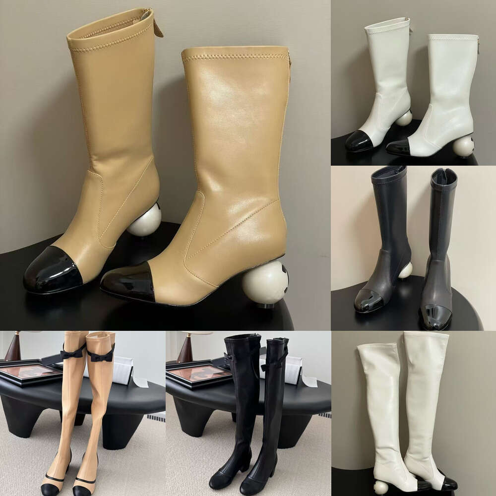 designer shoe woman luxury Fashion booties zip pointed Toe Giant pearl heel high-heeled sheepskin patchwork patent leather Ankle Boots long boots knee high boots