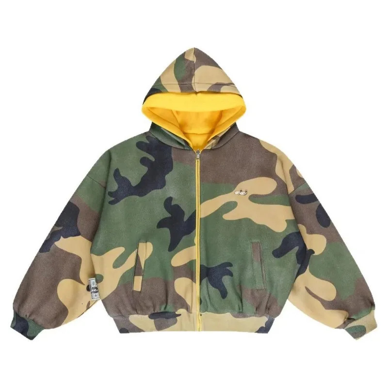 Street camouflage yellow splicing double-sided zip up hoodies men hip-hop Y2K Harajuku thickened warm winter sweatshirts 251128