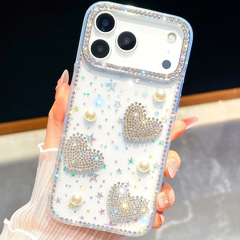 Sparkling Diamond Rhinestone Heart Phone Case iPhone 17 Pro Max Compatible with Apple 16/15 Pro Girly Style Trendy