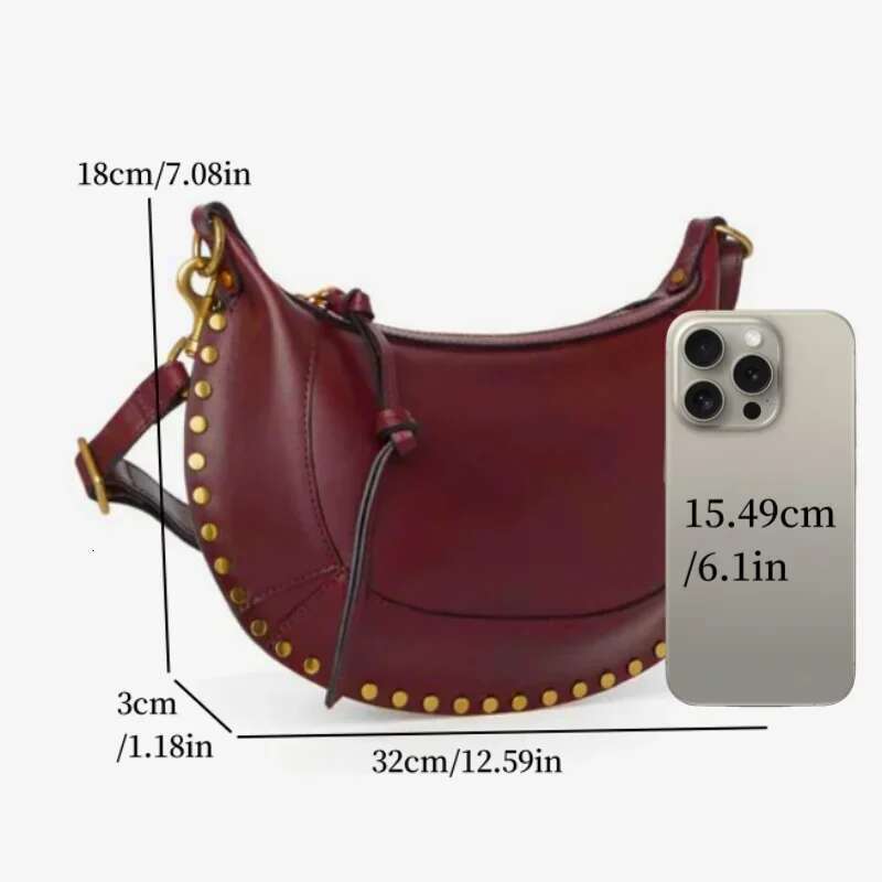 2025 High-Quality Women's Cowhide Half Moon Golden Willow Nail Shoulder Cross Body Gold Classic Retro Y2k Bag