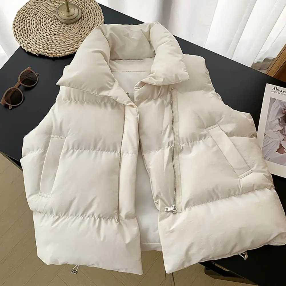 Comfy Simple Solid Color Stand Collar Winter Cotton Puffer Vest Versatile Padded Puffer Drawstring Hem Female ClothingT251128