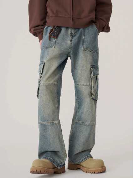 Mens Baggy Denim Cargo Pants Multi-Pocket Wide-Leg Jeans Vintage Washed Loose Fit Strtwear StyleC250528