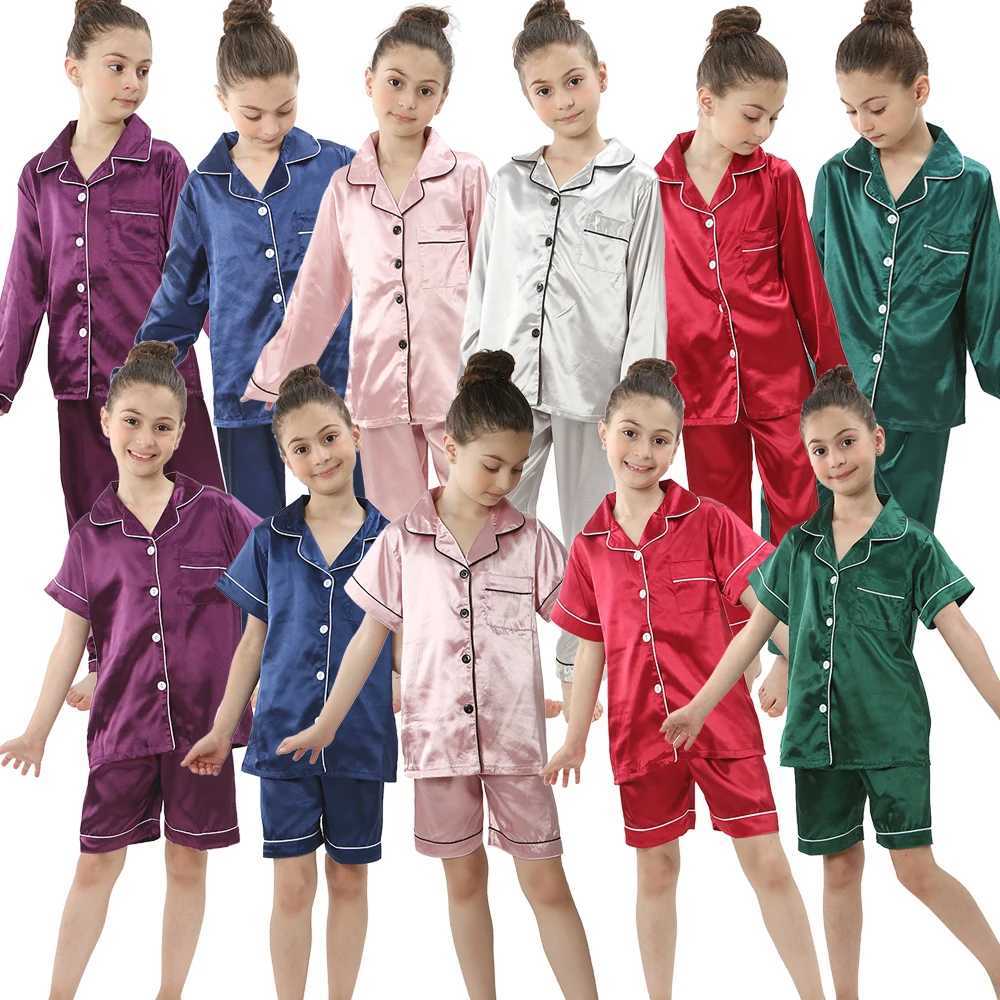2 to 14 Years Boys Girls Pajamas Sets Kids Silk Satin Top Pant Long/Short Sleeve Solid Pyjamas Suits Nightgown Child Sleepwear H260403