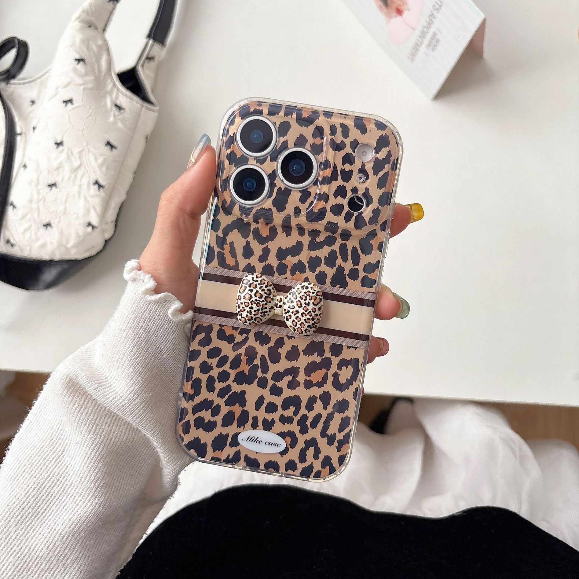 Leopard Print Bow Phone Case iPhone 17 Pro Max Compatible with Apple 16/15 Doll Lanyard Protective Case