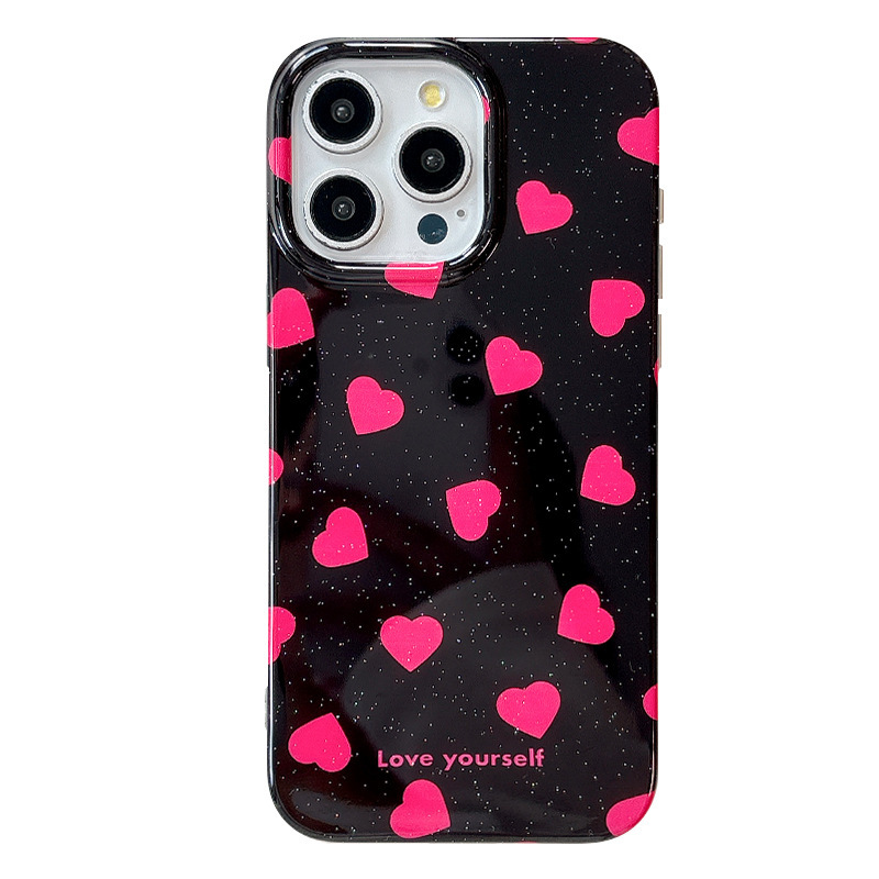 Black Background Heart Phone Case Suitable for iPhone 16/15/14 Pro Max Ins Glitter Half Cover New Model