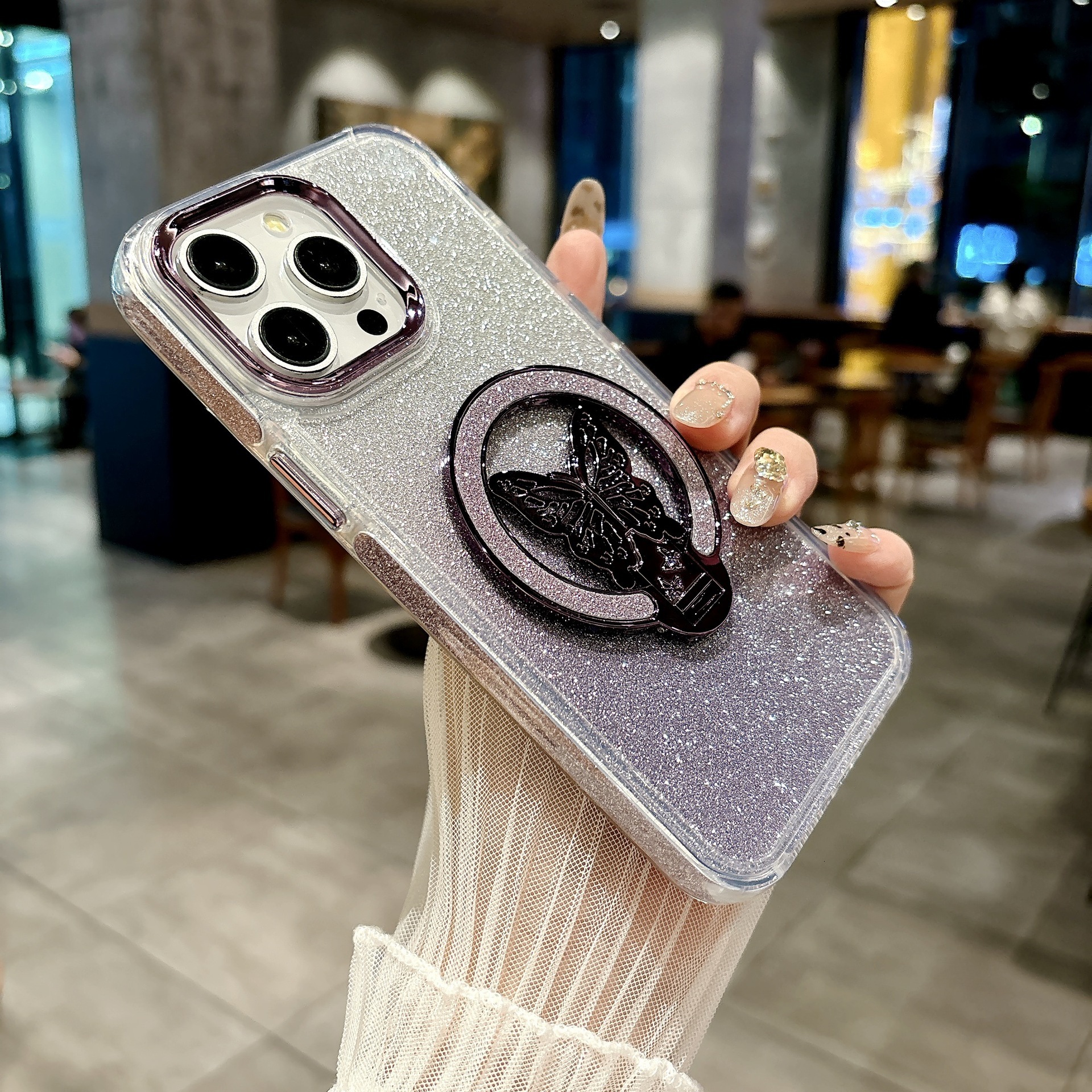 Frame Butterfly Stand Phone Case iPhone 16 Pro Max Compatible with Apple 15/14 Gradient Glitter Cardboard Case