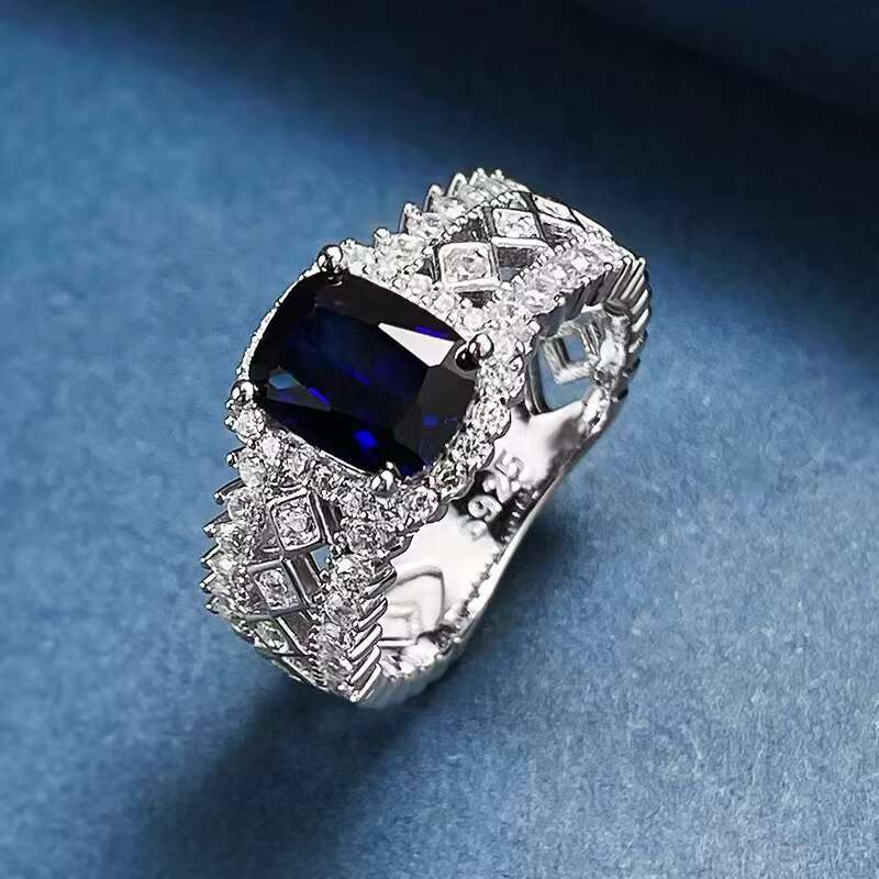 High Quality Luxury 925 Sterling Silver Womens Rings 6*8mm Pigeon Blood Ruby and Royal Sapphire Gemstone Moissanite Rings