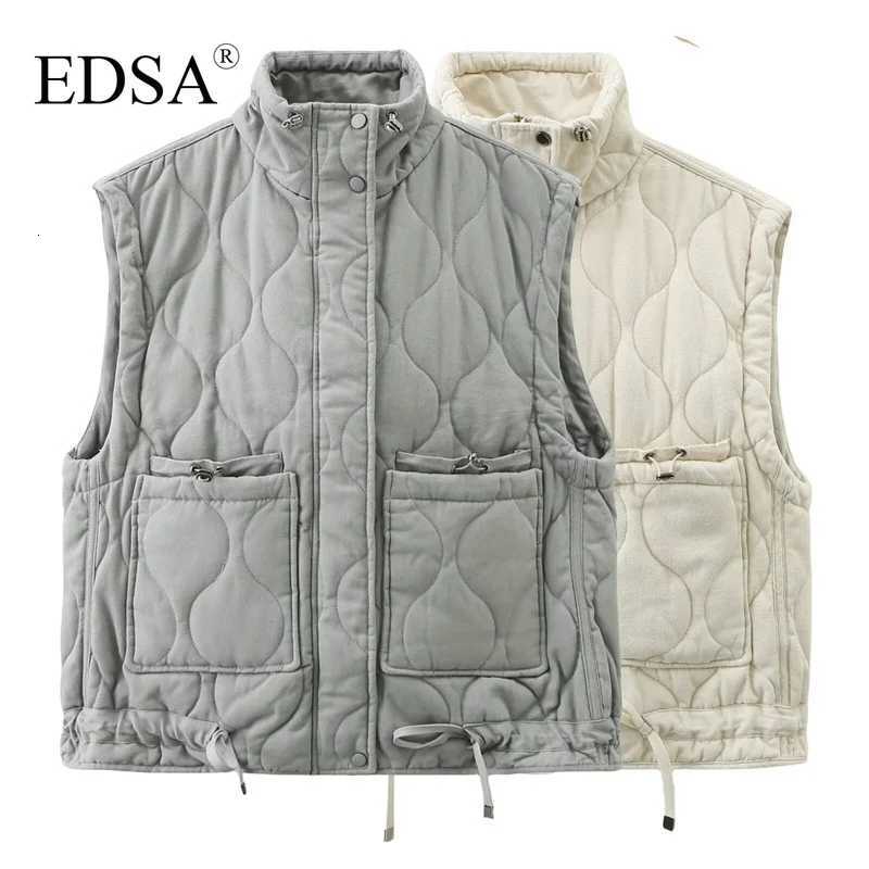 EDSA Women Pocket Cotton Jacket Vest Sleeveless Stand Neck Zipper Waistcoat Loose Female StreetwearT251128