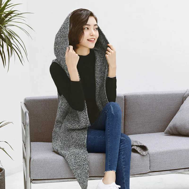 New Autumn Open Stitch Sweaters Fashion 2023 Women Casual thicken Sleeveless Waistcoat Ladies Hooded Long Knitted Cardigan WomenT251128
