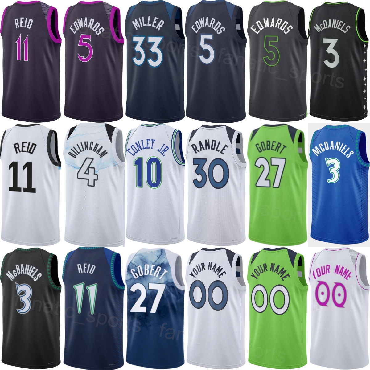 Prined Men Jaden McDaniels Jersey 3 Basketball 2026 City Anthony Edwards 5 Julius Randle 30 Donte DiVincenzo 0 Naz Reid 11 Rudy Gobert 27 Mike Conley 10 Youth Women