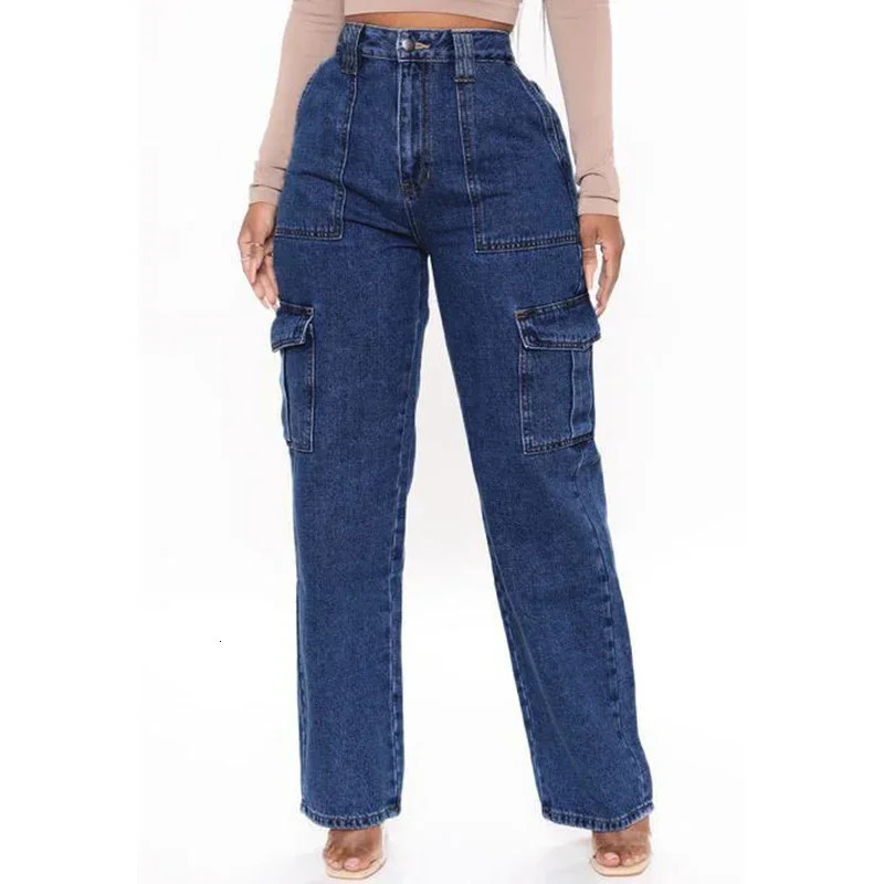 Woman High Waist American Cargo Jeans Lady Straight Leg Cross Pants Girls Fashion Light Blue Dark Black Gray Denim Trousers Z260313
