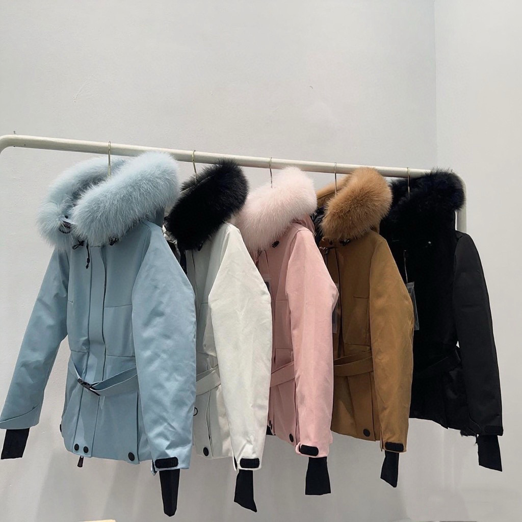 Designer puffer down jackets Italian women long jacket fur hooded parkas woman Boe dic short winter coats elastic belt casual outdoor parka ladies outwear blue white