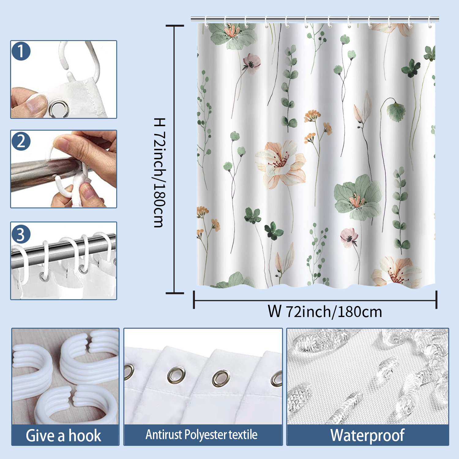 YL-37830 Floral and Leaf Polyester 3D Digital Printed Shower Curtain - Waterproof and Mildew-proof Shower Bathroom Partition Curtain
