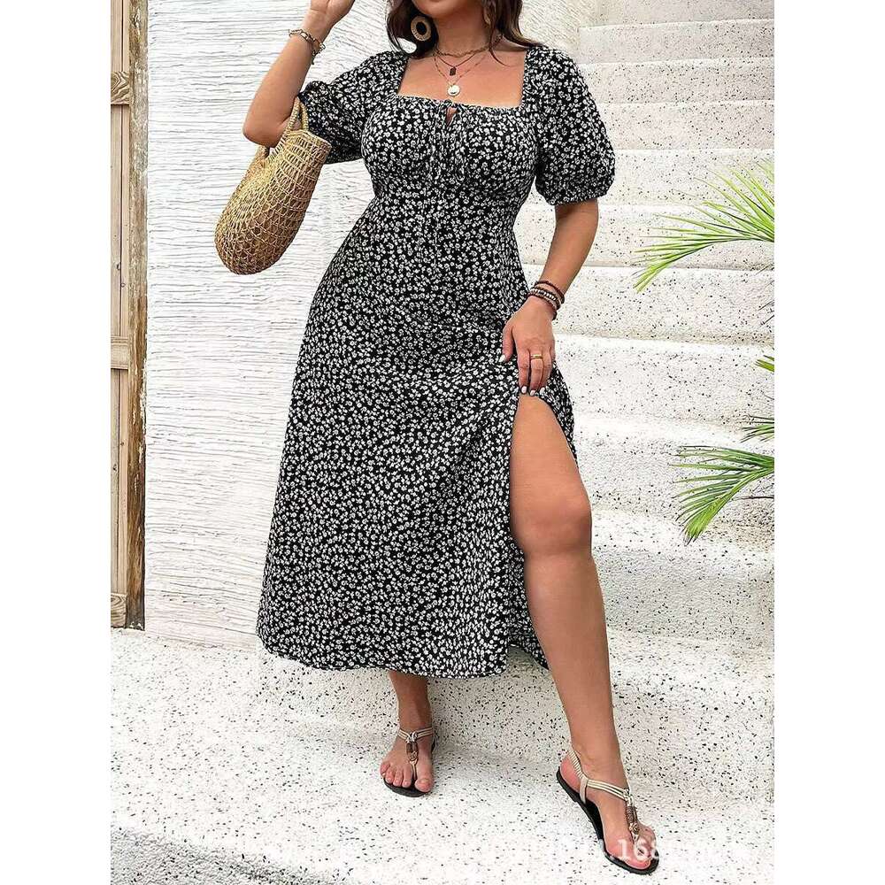 DHEssentials Summer Floral Dress for Plus-Size Wome Casual Temperament Slimming Split Design