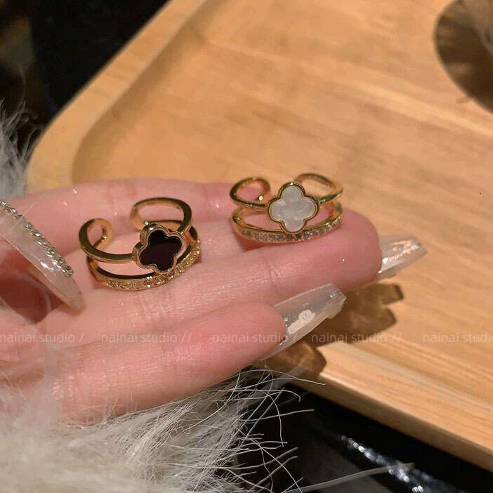 Black Double layered Clover Open Ring, Women's Light Luxury Super Flash 2025 New Style, Versatile Index Finger Ring with box