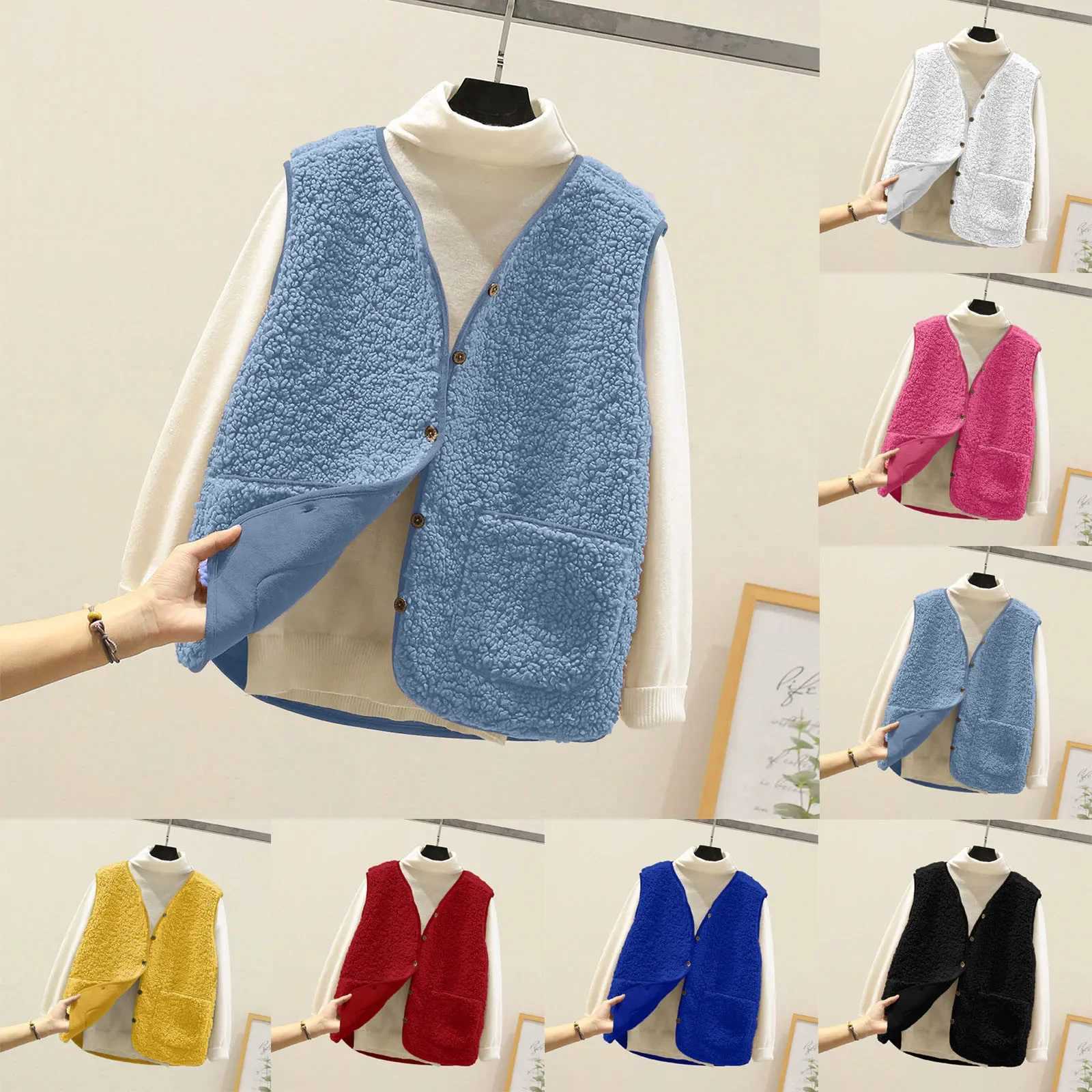 Women Waistcoat OuterwearSleeveless Solid Color Zipper Placket Two Pocket Plush Vest Autumn Winter Thickened Fleece Jacket VestT251128