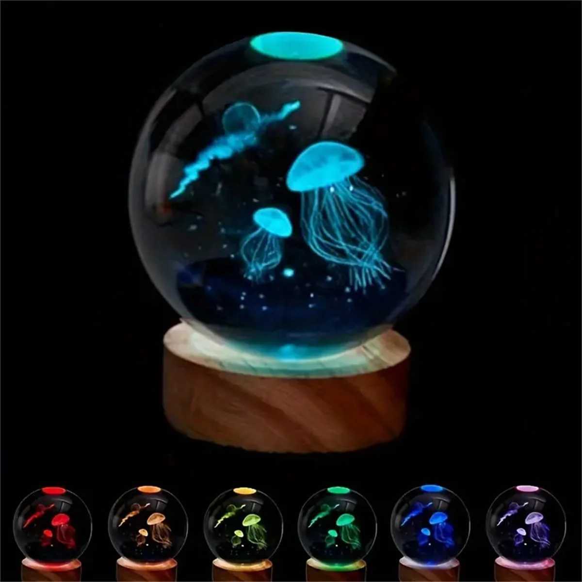 1PC 6CM 3D Jellyfish Rainbow Gradient Laser Engraving Crystal Ball LED Night Light M251128