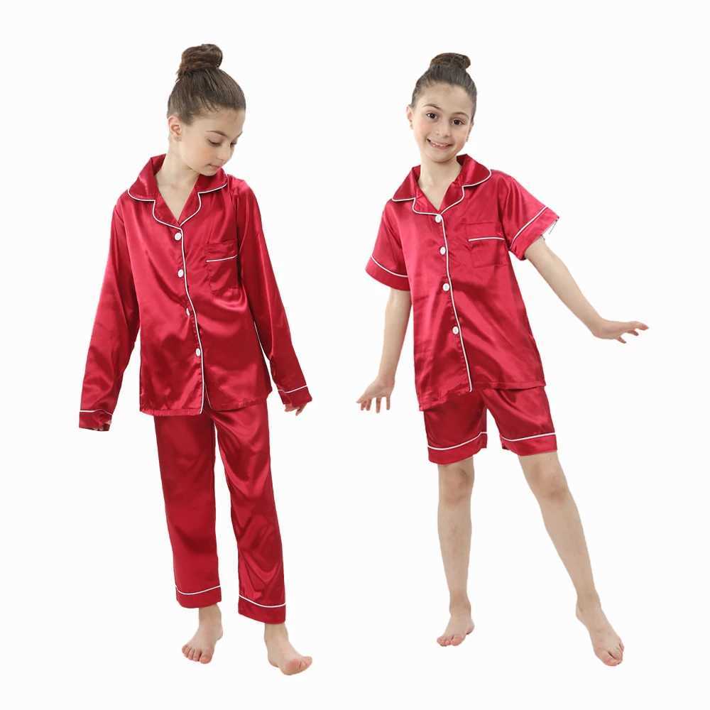 2 to 14 Years Boys Girls Pajamas Sets Kids Silk Satin Top Pant Long/Short Sleeve Solid Pyjamas Suits Nightgown Child Sleepwear H260403