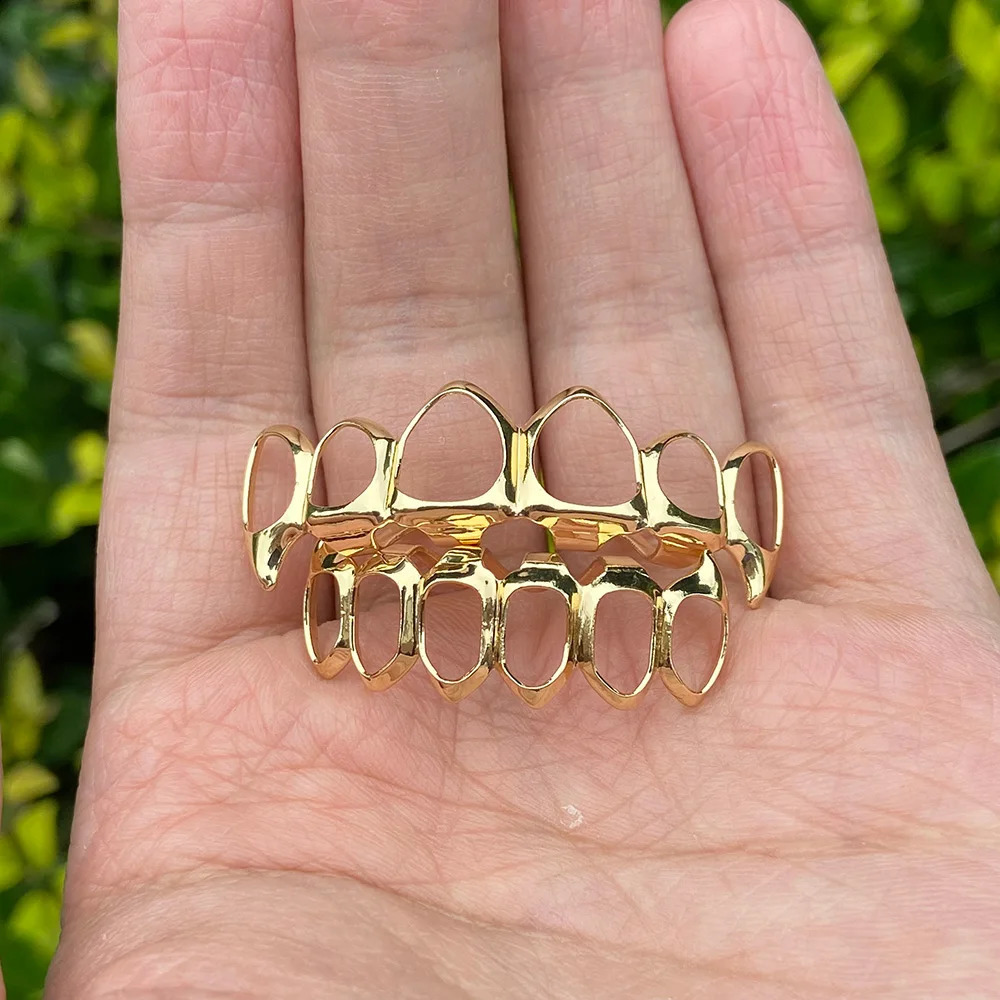 RACHELZ Fashion 6/6 Full Hollow Teeth 14K Gold Plated Tooth Caps Decor Braces Fangs Dental Grills For Men Women Jewelry 250427