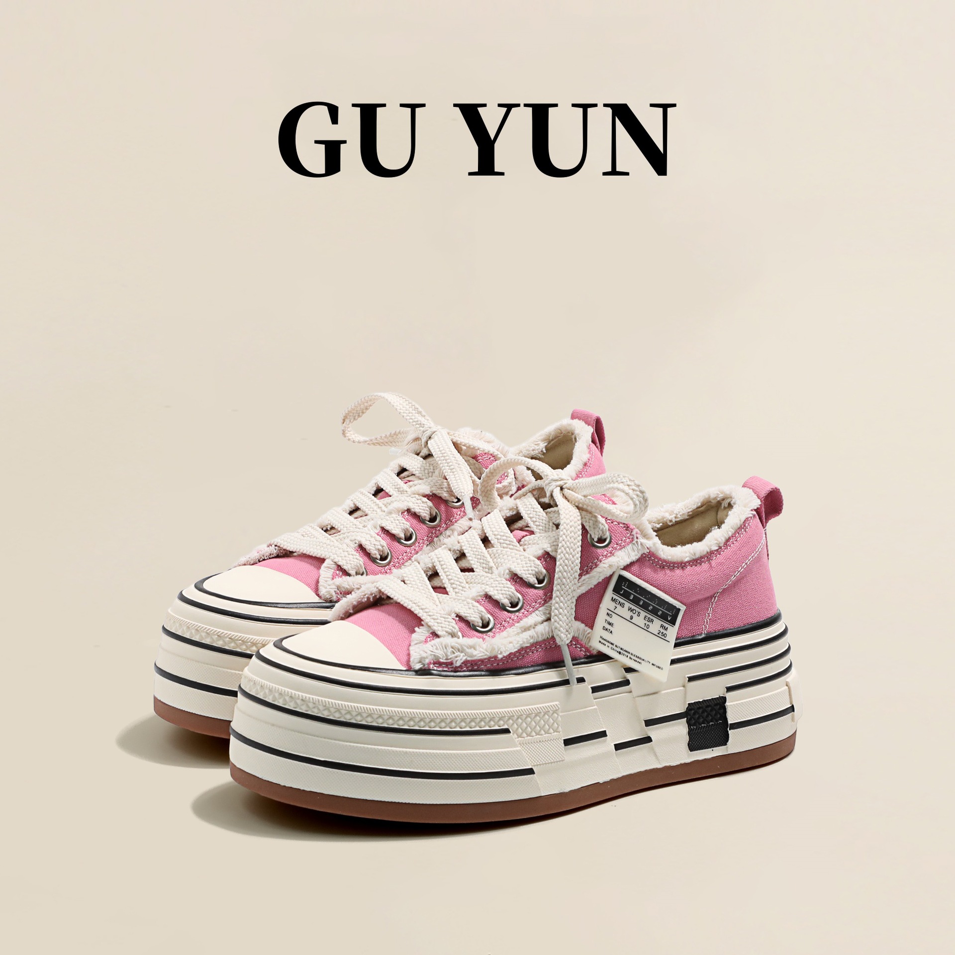 Women's off-white platform canvas shoes with increased height new spring style chunky heel distressed shoes casual sneakers