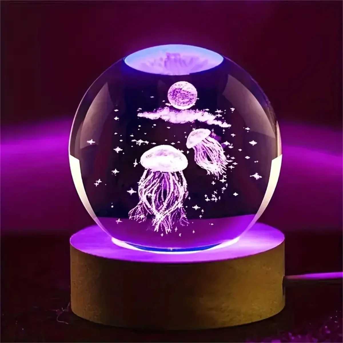 1PC 6CM 3D Jellyfish Rainbow Gradient Laser Engraving Crystal Ball LED Night Light M251128