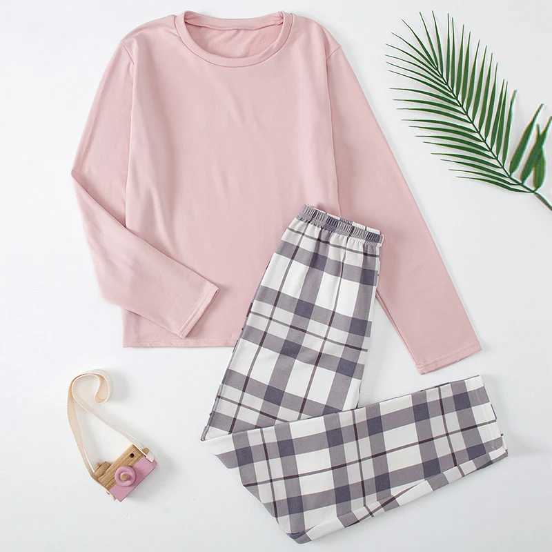 14 Teen Solid Color T-shirt Plaid Trousers Home Service Girl Round Neck Pajamas Junior High School Boy Leisure Suit Spring And H260403