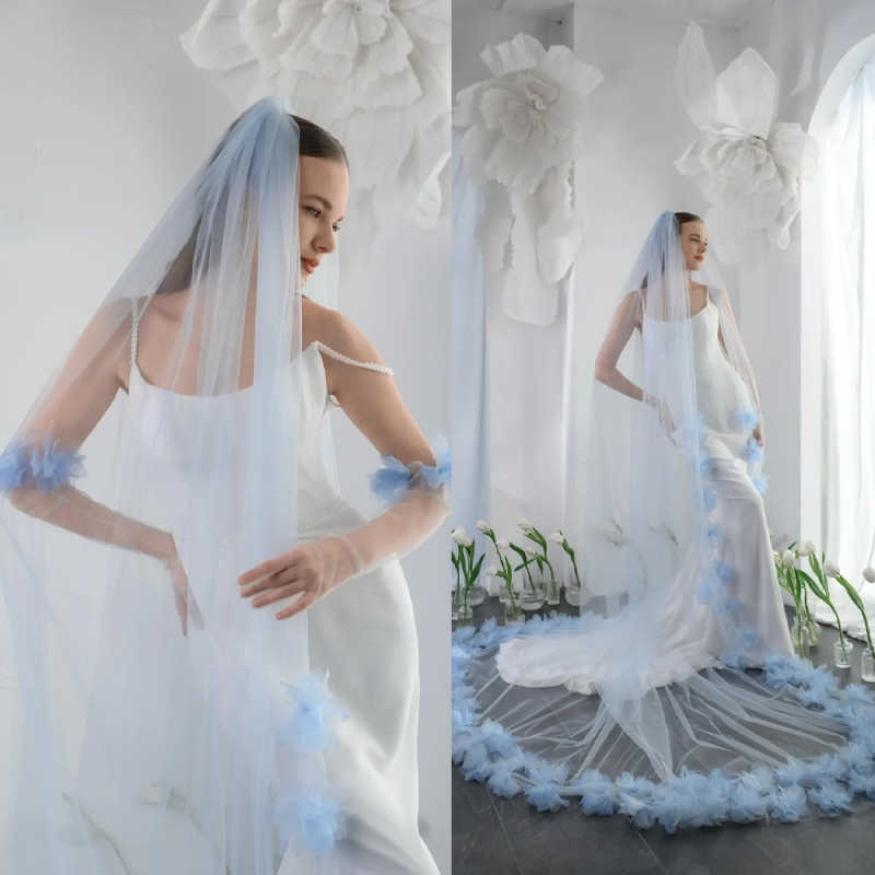 Illusion Wedding Veil Blue Flowers One Layer Long Cathedral Length Bride Veils With Comb Bride Voile Customized velo de novia